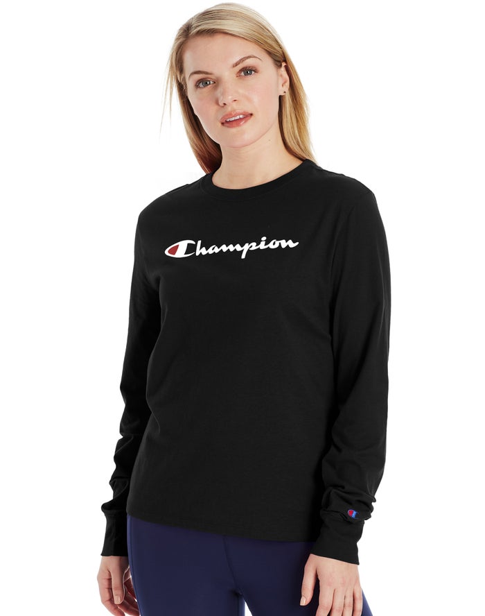 Champion Classic Long-Sleeve Script Logo Kadın Tişört Siyah ( BGHCVJ760 )